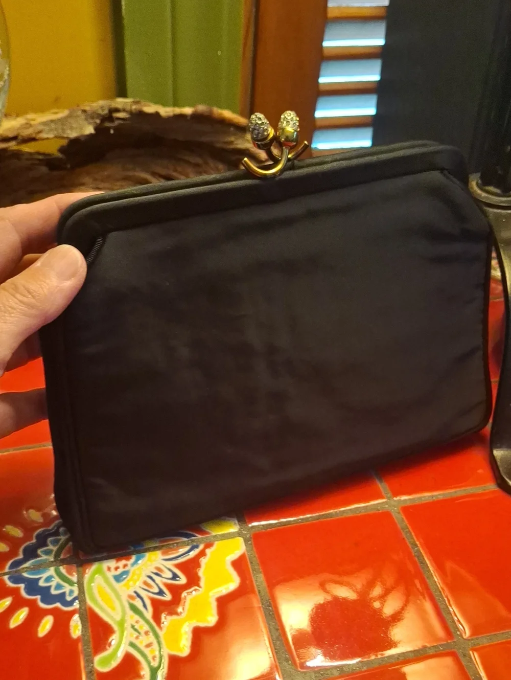 GARAY VNTG BLACK SATIN CLUTCH PURSE W JEWELED SNAP & ATTACHED CHANGE PURSE